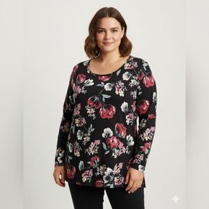 Terra & Sky Women's Black Floral 3/4 Sleeve Crewneck Top Size 2X (20W-22W)